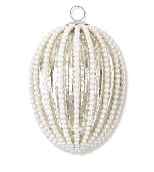 4.5in Oval Silver Mercury Glass Ornament w/wired White beaded