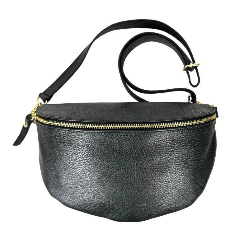 Large Italian Leather Waist Bag for Women.: Black