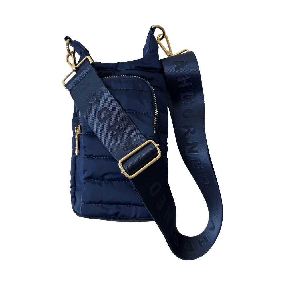 Emma Quilted Puffy Water Bottle Holder w/2" Solid Strap: NAVY