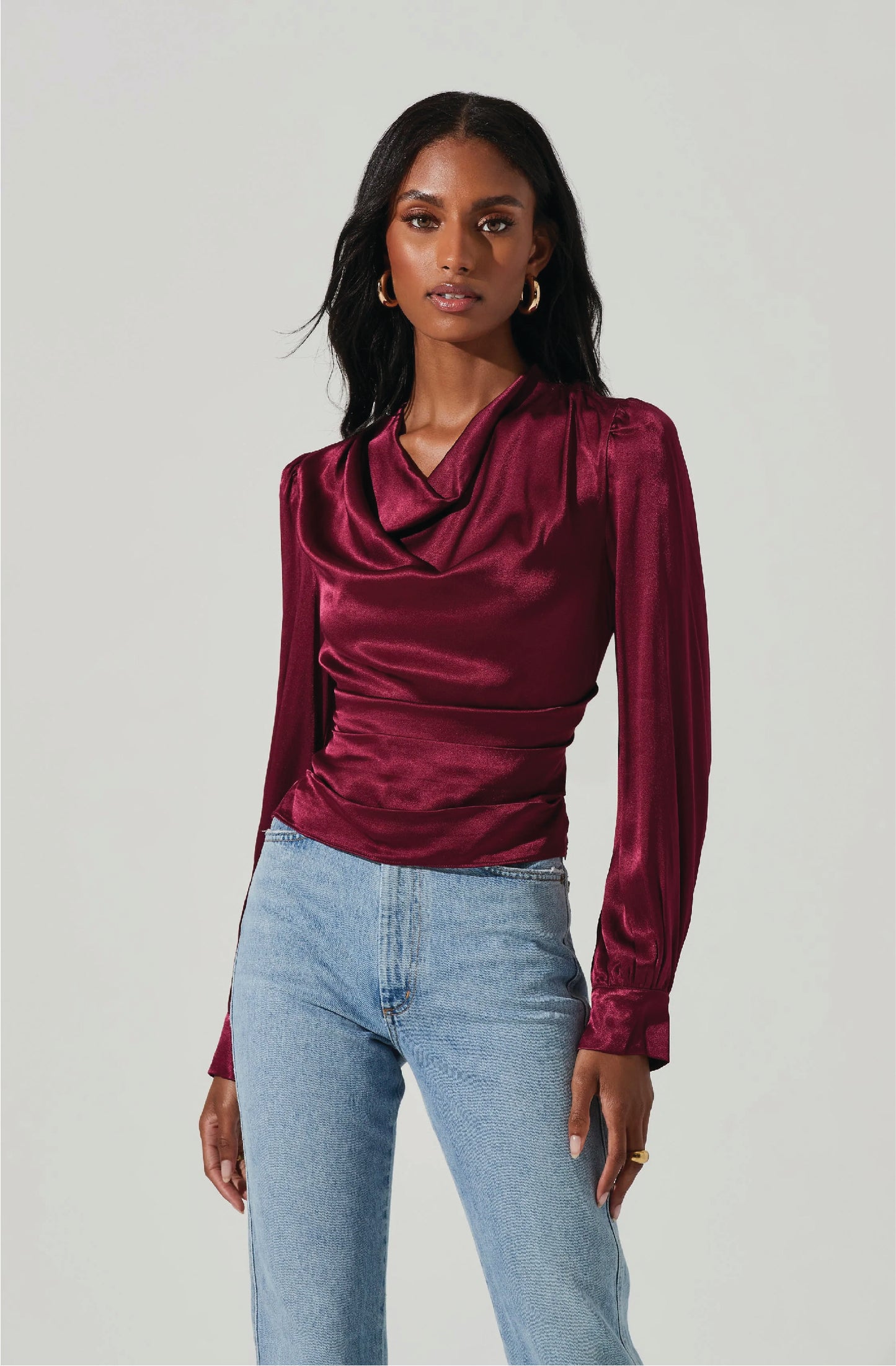 LILITH SATIN COWL NECK LONG SLEEVE TOP WINE