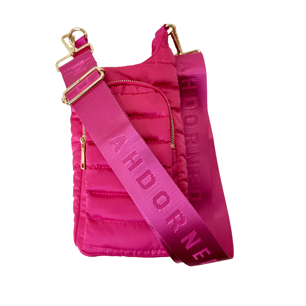 Emma Quilted Puffy Water Bottle Holder w/2" Solid Strap: Pink